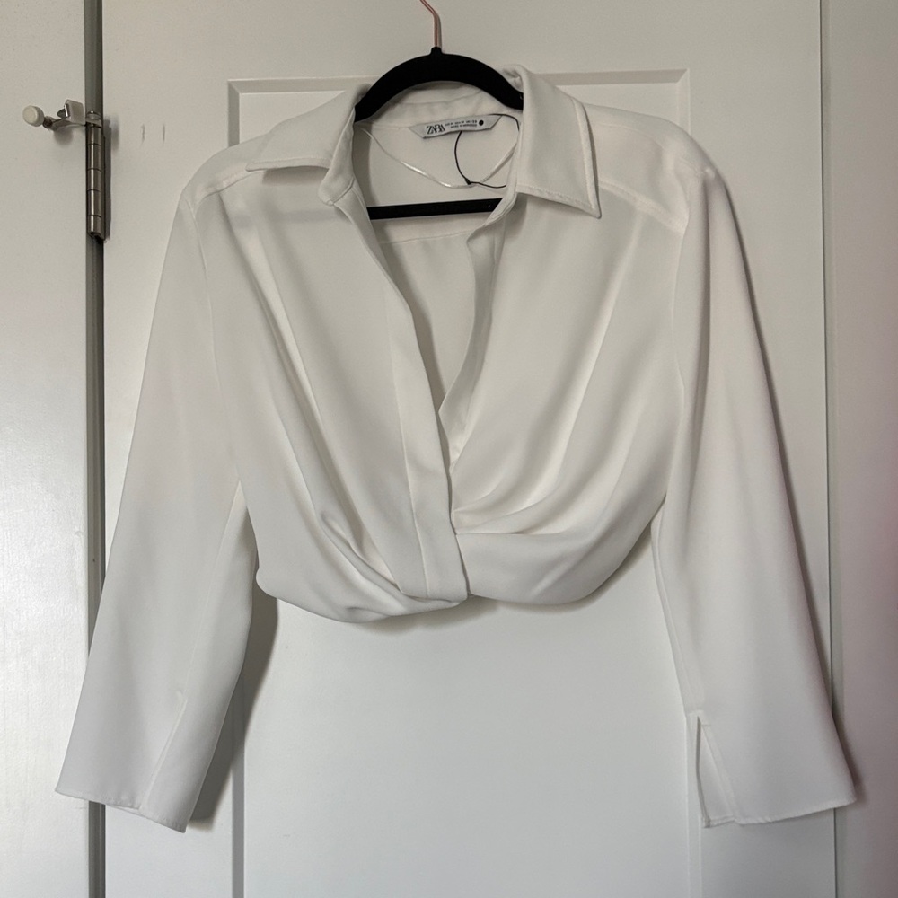 Zara White Draped Twist-Front Blouse